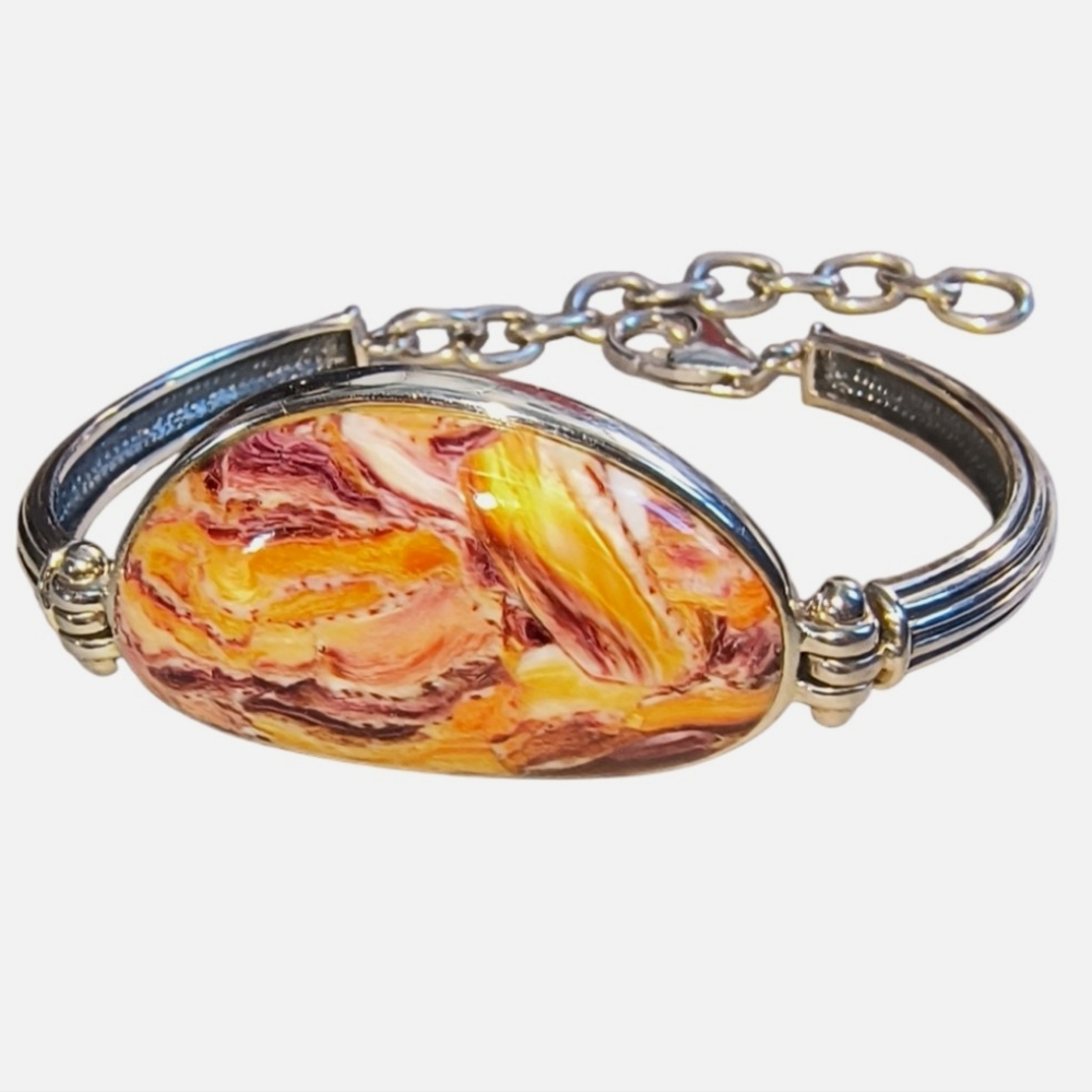 Lion Paw Jasper & Sterling Silver Hinged Bracelet Adjustable to 8 Inches
